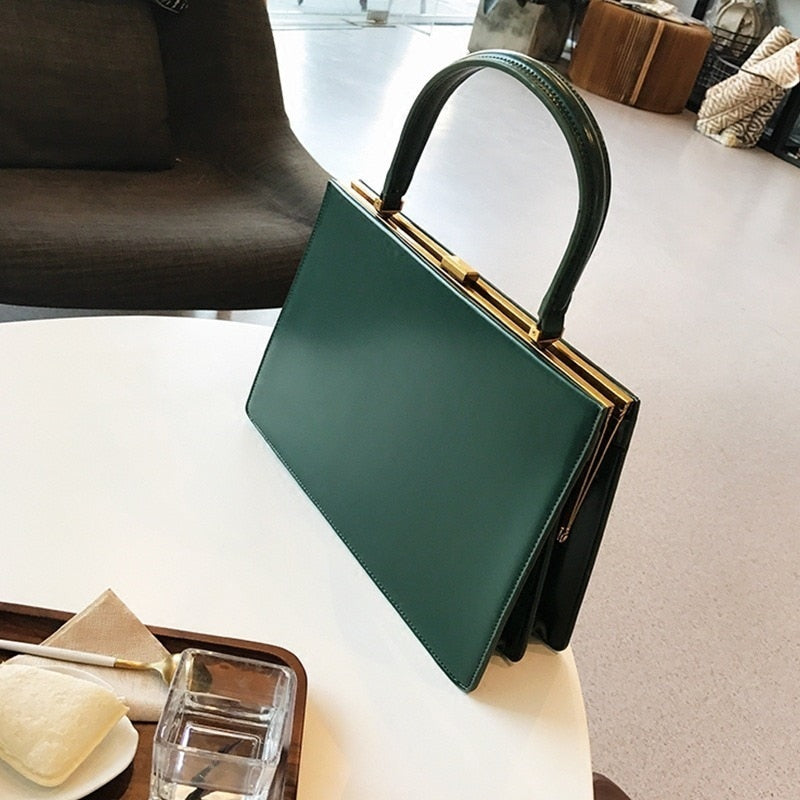 Optimize product title: Vintage Shell Designer Handbag - Big Clip, Women's Top-Handle Bag, Luxury PU Leather, Large Capacity Tote, Square Shape