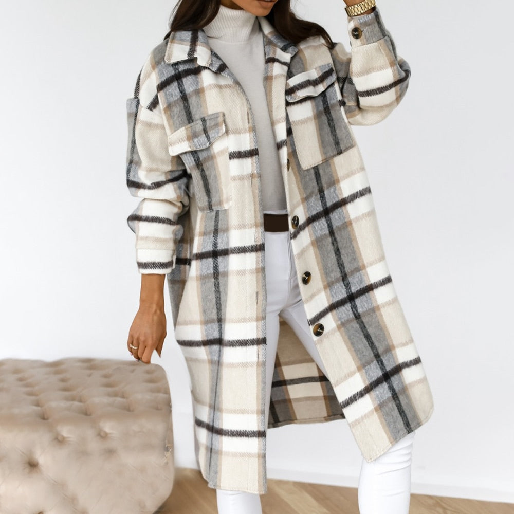 Spring New Plaid Long Blouses Coat Women Casual Vintage Shirt Jacket Female Woolen Blends Printed Overcoat Streetwear