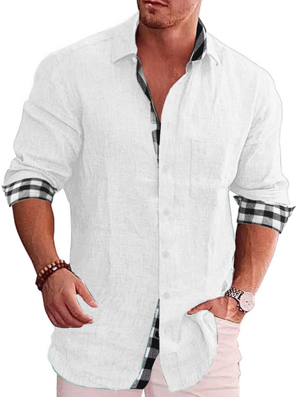 "Classic Plaid-Trimmed Men's Button-Up Shirt with Long Sleeves"