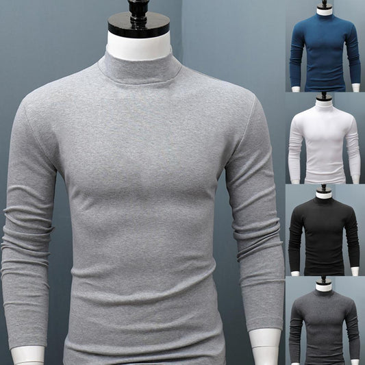 Optimize product title: Men's Slim Fit High Collar Sweater Shirt - Solid Color, Long Sleeve, Keep Warm, Inner Wear